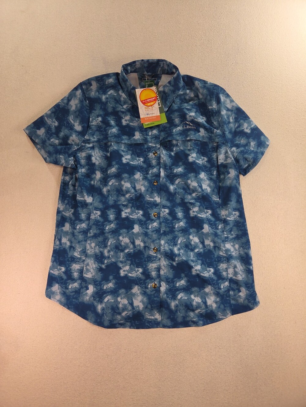 L.L.Bean Tropicwear Shirt Womens L REG Blue Watercolor UPF 50 NWT